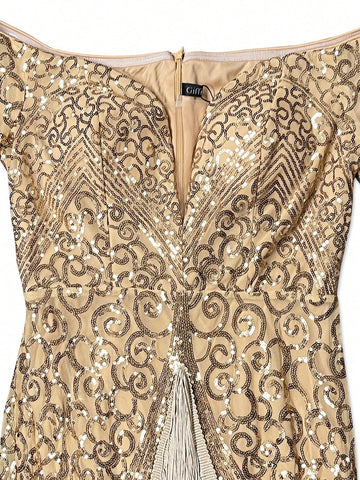 Giffniseti Women's Glitter Sequin Splice Tassels Off Shoulder Long Sleeve Party Evening Dress