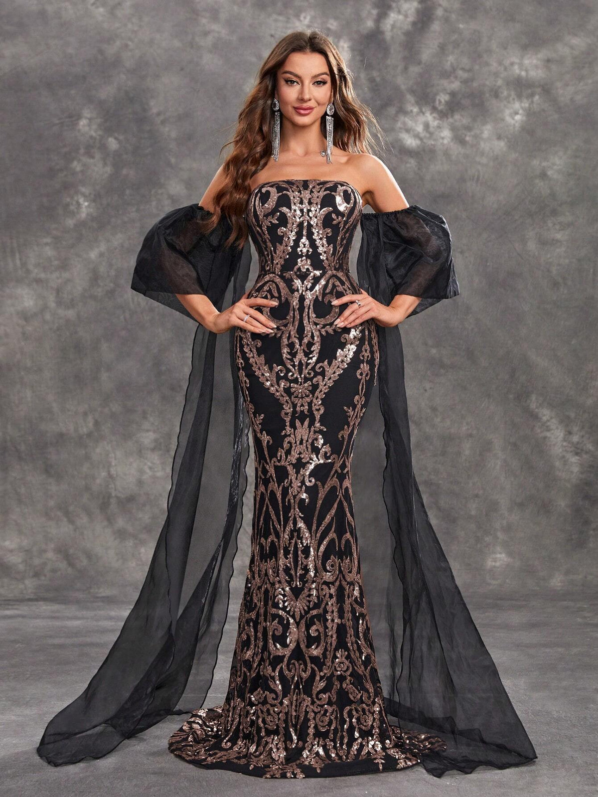 Giffniseti Women's Glitter Strapless Short Sleeve Mermaid Evening Dress With Tassel Hem, For Party