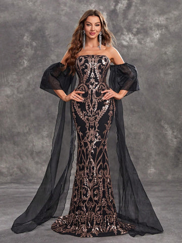 Giffniseti Women's Glitter Strapless Short Sleeve Mermaid Evening Dress With Tassel Hem, For Party