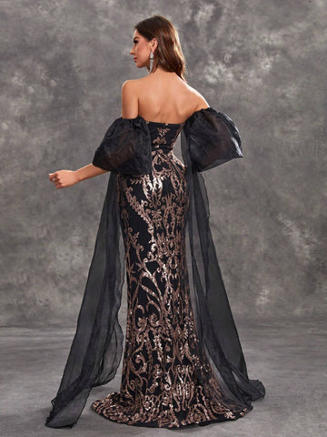 Giffniseti Women's Glitter Strapless Short Sleeve Mermaid Evening Dress With Tassel Hem, For Party