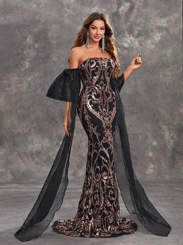 Giffniseti Women's Glitter Strapless Short Sleeve Mermaid Evening Dress With Tassel Hem, For Party