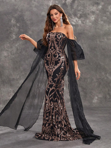 Giffniseti Women's Glitter Strapless Short Sleeve Mermaid Evening Dress With Tassel Hem, For Party