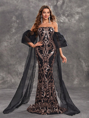 Giffniseti Women's Glitter Strapless Short Sleeve Mermaid Evening Dress With Tassel Hem, For Party