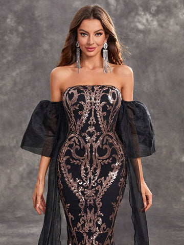 Giffniseti Women's Glitter Strapless Short Sleeve Mermaid Evening Dress With Tassel Hem, For Party