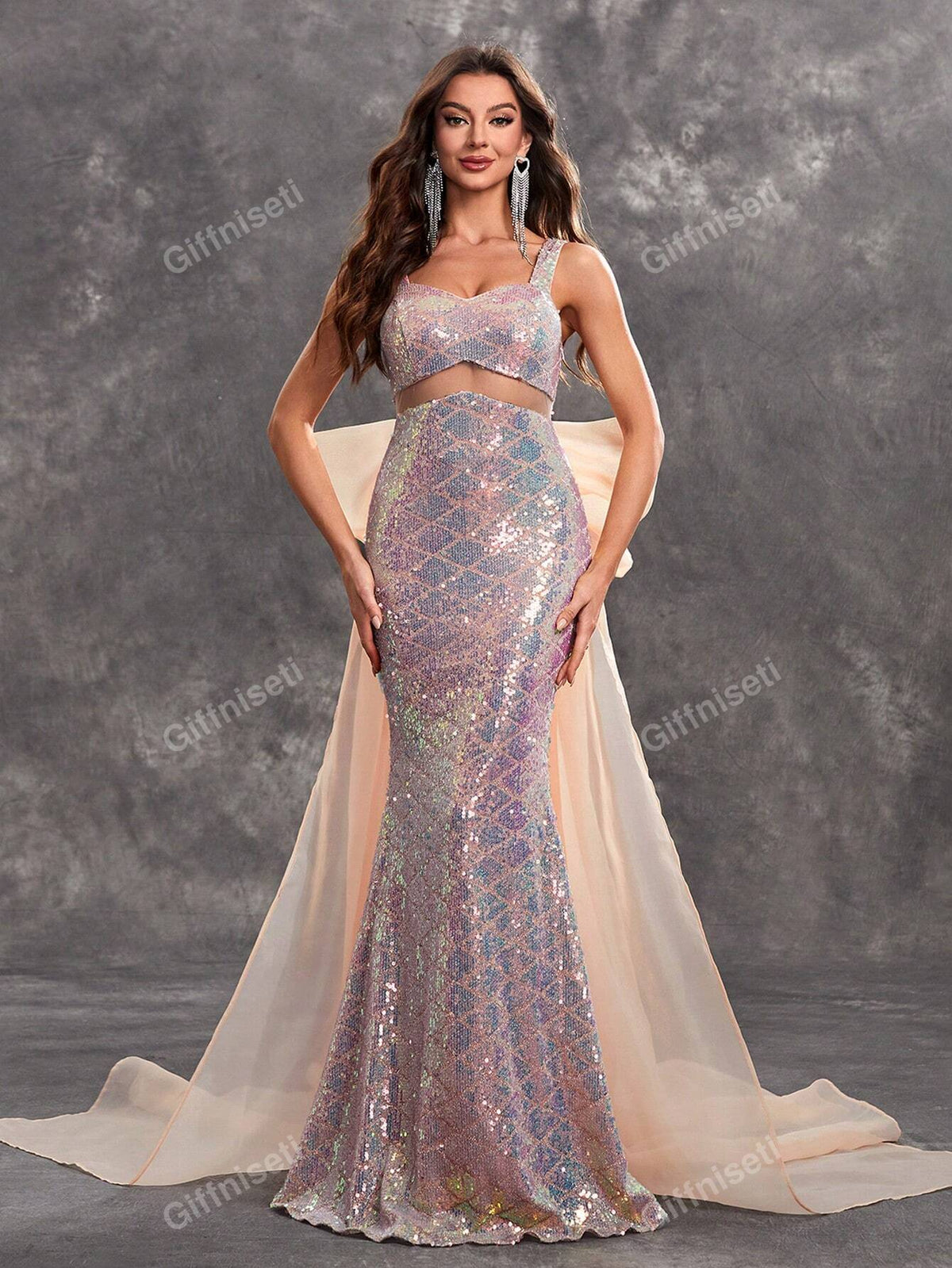 Giffniseti Women's Glitter Sweetheart Neckline Backless Dress With Large Bow, High-End Luxurious Sweet Fish-Tail Evening Dress