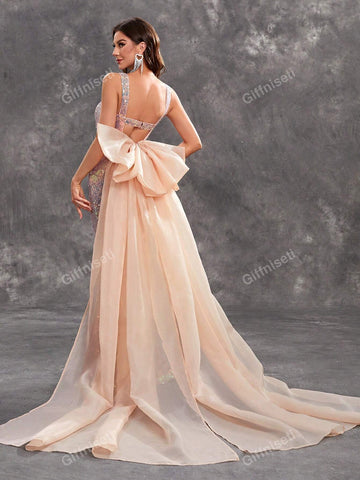 Giffniseti Women's Glitter Sweetheart Neckline Backless Dress With Large Bow, High-End Luxurious Sweet Fish-Tail Evening Dress