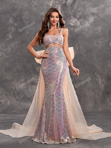 Giffniseti Women's Glitter Sweetheart Neckline Backless Dress With Large Bow, High-End Luxurious Sweet Fish-Tail Evening Dress