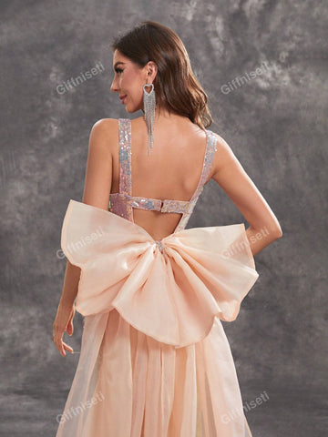 Giffniseti Women's Glitter Sweetheart Neckline Backless Dress With Large Bow, High-End Luxurious Sweet Fish-Tail Evening Dress
