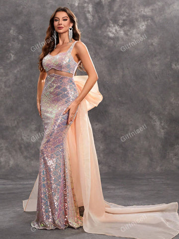 Giffniseti Women's Glitter Sweetheart Neckline Backless Dress With Large Bow, High-End Luxurious Sweet Fish-Tail Evening Dress