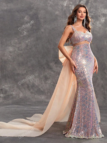 Giffniseti Women's Glitter Sweetheart Neckline Backless Dress With Large Bow, High-End Luxurious Sweet Fish-Tail Evening Dress