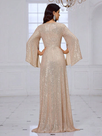 Giffniseti Women's Glittering Cross V-Neck Long Sleeve High-End Luxurious Party Evening Dress