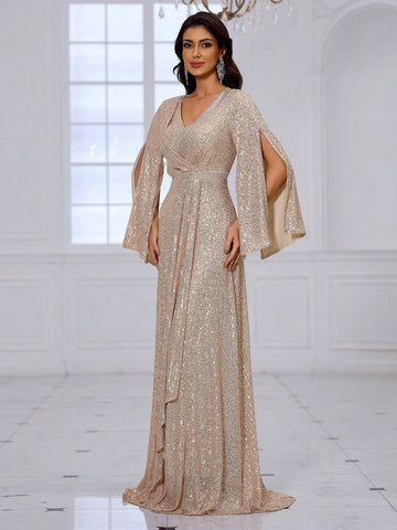 Giffniseti Women's Glittering Cross V-Neck Long Sleeve High-End Luxurious Party Evening Dress