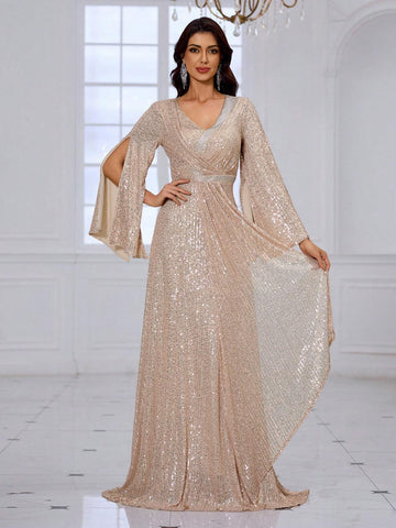 Giffniseti Women's Glittering Cross V-Neck Long Sleeve High-End Luxurious Party Evening Dress