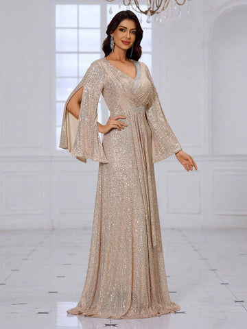 Giffniseti Women's Glittering Cross V-Neck Long Sleeve High-End Luxurious Party Evening Dress