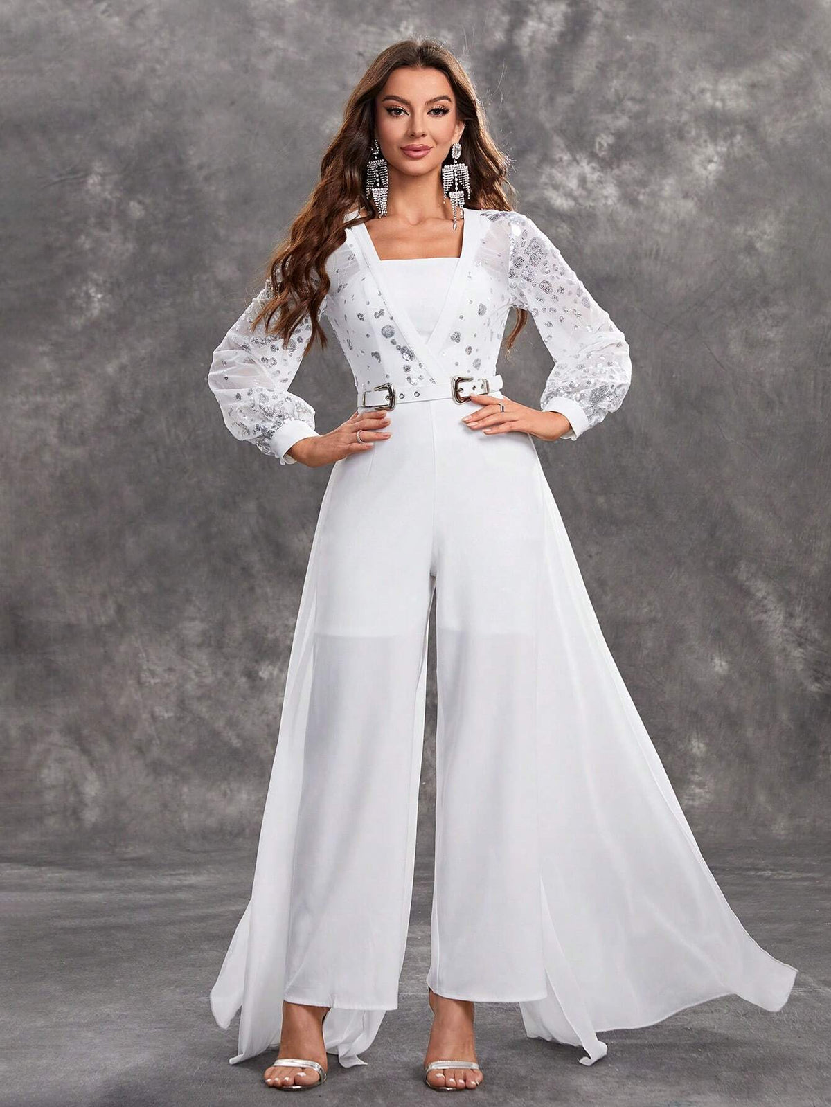 Giffniseti Women's Long Sleeve Sequined Jumpsuit With Belt For Party Or Evening Events