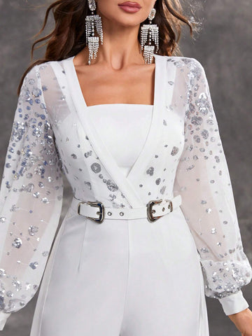 Giffniseti Women's Long Sleeve Sequined Jumpsuit With Belt For Party Or Evening Events