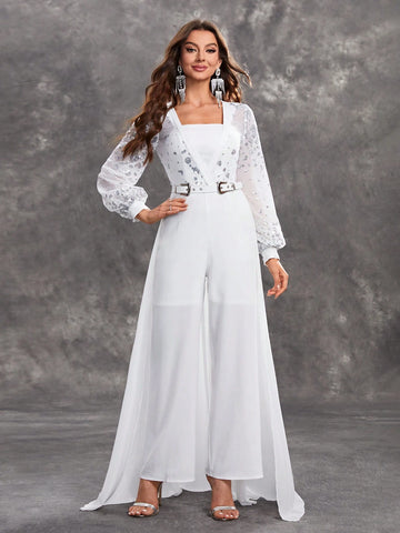 Giffniseti Women's Long Sleeve Sequined Jumpsuit With Belt For Party Or Evening Events