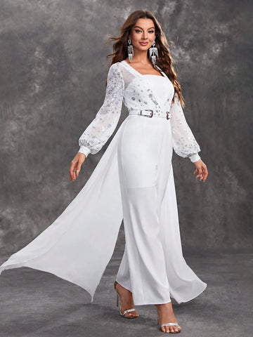 Giffniseti Women's Long Sleeve Sequined Jumpsuit With Belt For Party Or Evening Events