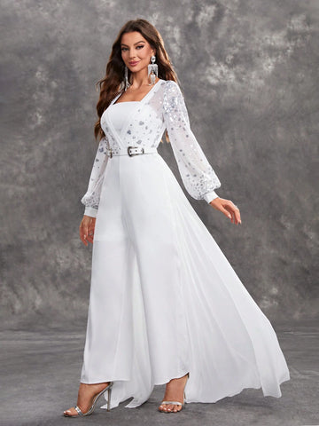 Giffniseti Women's Long Sleeve Sequined Jumpsuit With Belt For Party Or Evening Events