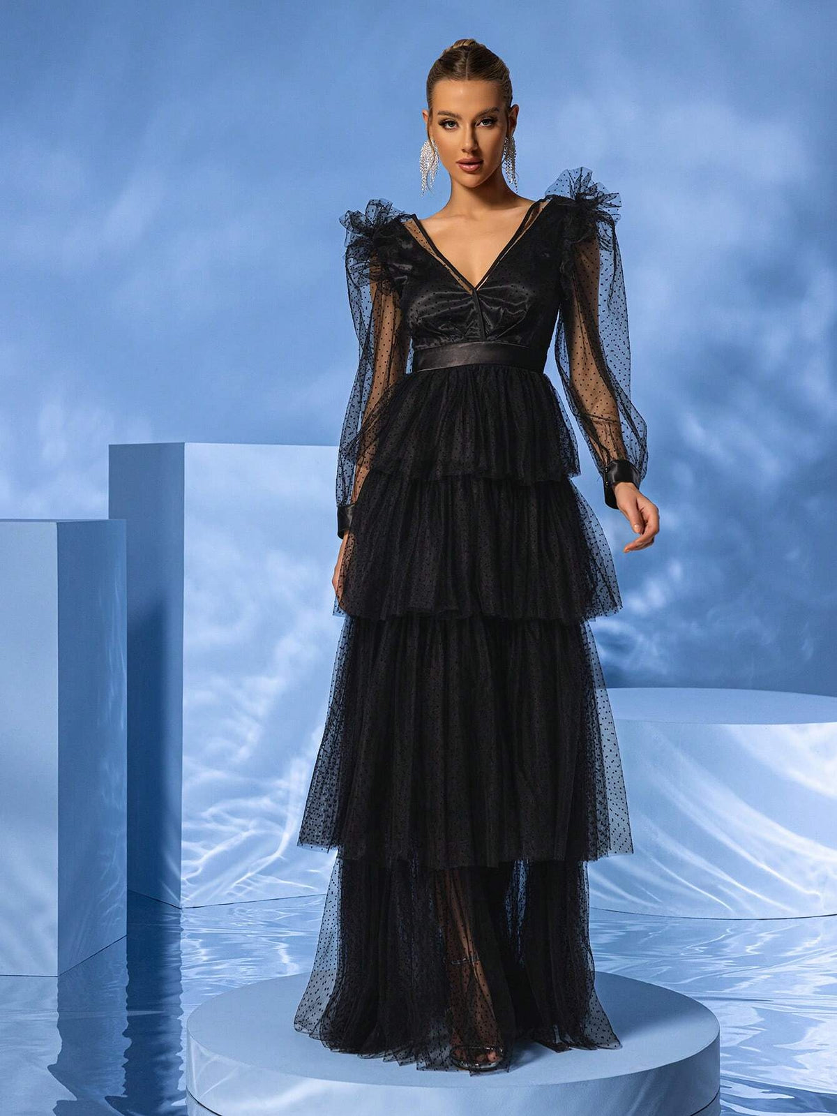 Giffniseti Women's Long Sleeve V-Neck Polka Dot Mesh Layered Cake Dress For Dance Party Formal Occasion