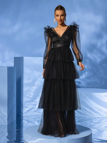 Giffniseti Women's Long Sleeve V-Neck Polka Dot Mesh Layered Cake Dress For Dance Party Formal Occasion