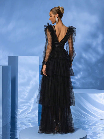 Giffniseti Women's Long Sleeve V-Neck Polka Dot Mesh Layered Cake Dress For Dance Party Formal Occasion