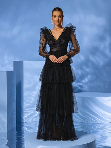 Giffniseti Women's Long Sleeve V-Neck Polka Dot Mesh Layered Cake Dress For Dance Party Formal Occasion