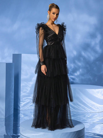 Giffniseti Women's Long Sleeve V-Neck Polka Dot Mesh Layered Cake Dress For Dance Party Formal Occasion