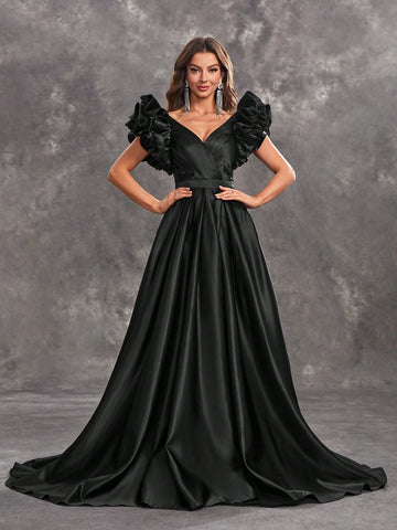 Giffniseti Women's Lotus Leaf 3d Lace Sleeveless Backless Maxi Evening Party Dress