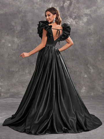 Giffniseti Women's Lotus Leaf 3d Lace Sleeveless Backless Maxi Evening Party Dress