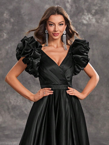 Giffniseti Women's Lotus Leaf 3d Lace Sleeveless Backless Maxi Evening Party Dress