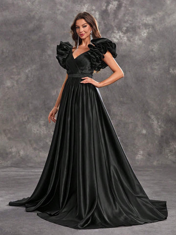 Giffniseti Women's Lotus Leaf 3d Lace Sleeveless Backless Maxi Evening Party Dress