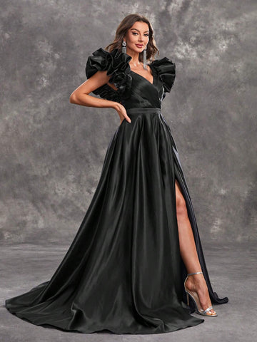 Giffniseti Women's Lotus Leaf 3d Lace Sleeveless Backless Maxi Evening Party Dress