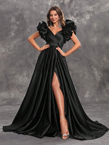 Giffniseti Women's Lotus Leaf 3d Lace Sleeveless Backless Maxi Evening Party Dress