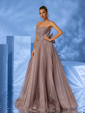 Giffniseti Women's Mesh Strapless Dress With Floral Waistline, High-End Elegant Floor-Length Formal Evening Dress