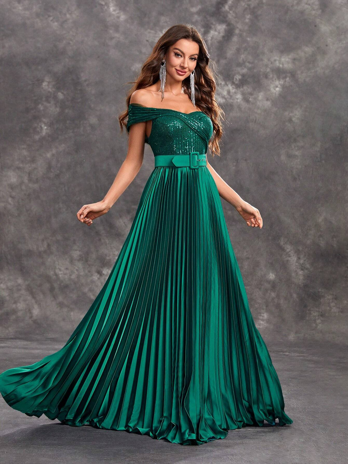 Giffniseti Women's Off Shoulder Sparkly Glitter A-Line Pleated Maxi Dress Elegant Party Evening Dress (Including Waistband)