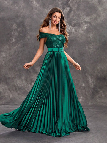 Giffniseti Women's Off Shoulder Sparkly Glitter A-Line Pleated Maxi Dress Elegant Party Evening Dress (Including Waistband)