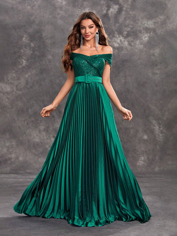 Giffniseti Women's Off Shoulder Sparkly Glitter A-Line Pleated Maxi Dress Elegant Party Evening Dress (Including Waistband)