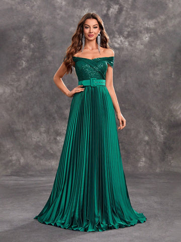 Giffniseti Women's Off Shoulder Sparkly Glitter A-Line Pleated Maxi Dress Elegant Party Evening Dress (Including Waistband)