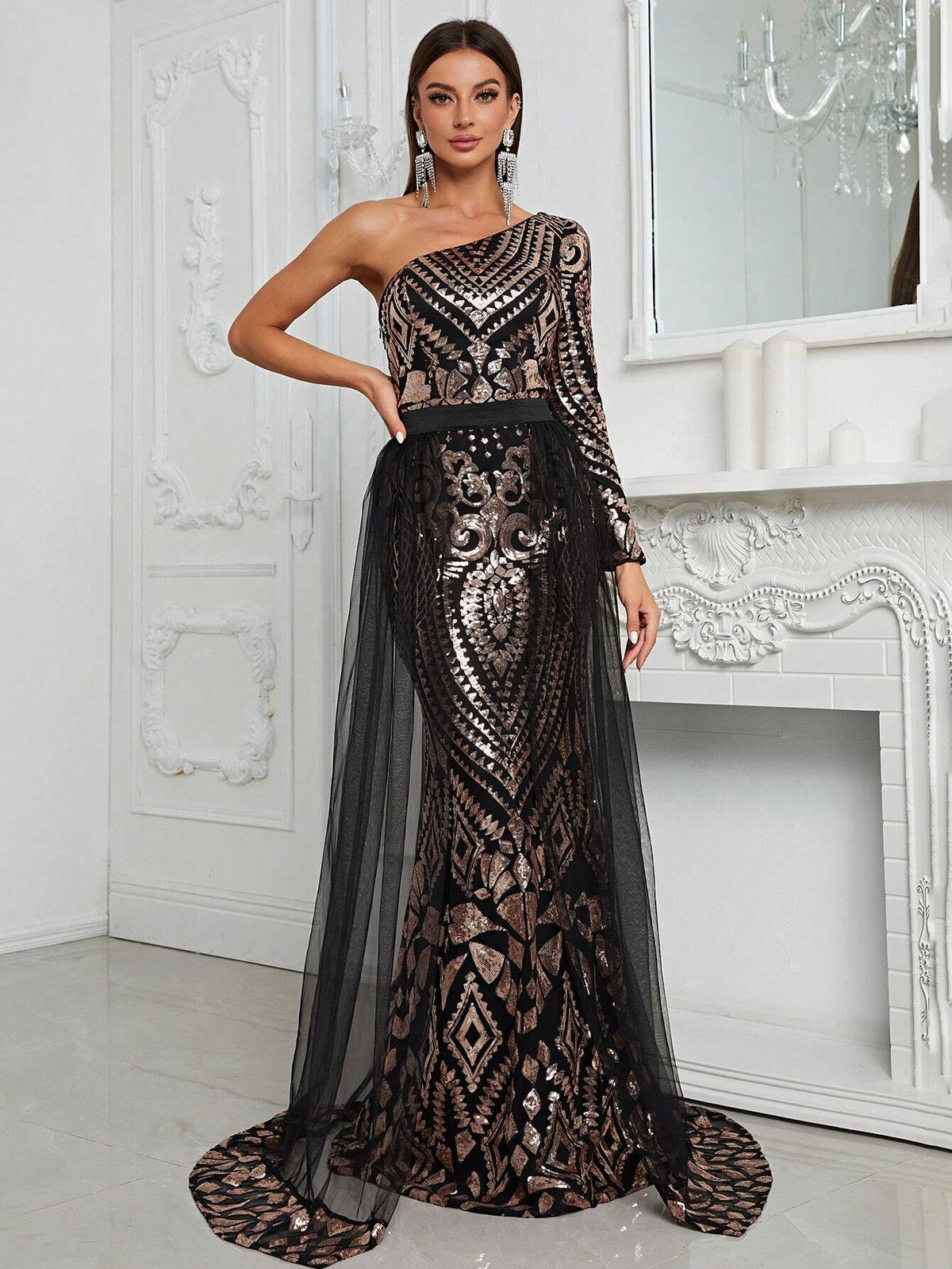 Giffniseti Women's One Shoulder Sequin Patchwork Long Sleeve Mermaid Evening Dress With Train