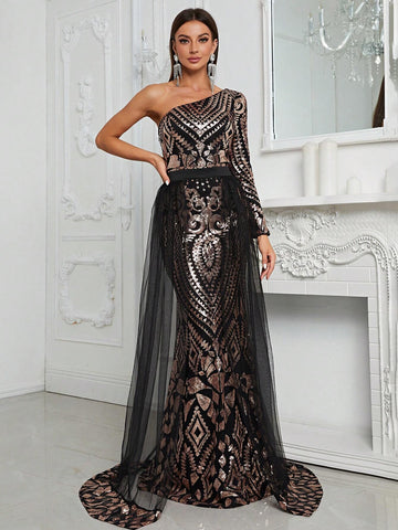 Giffniseti Women's One Shoulder Sequin Patchwork Long Sleeve Mermaid Evening Dress With Train