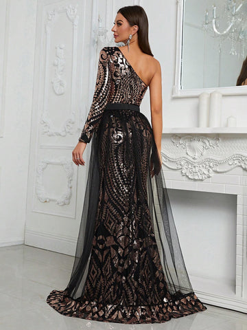 Giffniseti Women's One Shoulder Sequin Patchwork Long Sleeve Mermaid Evening Dress With Train