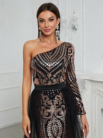 Giffniseti Women's One Shoulder Sequin Patchwork Long Sleeve Mermaid Evening Dress With Train
