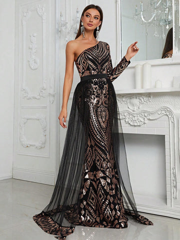 Giffniseti Women's One Shoulder Sequin Patchwork Long Sleeve Mermaid Evening Dress With Train