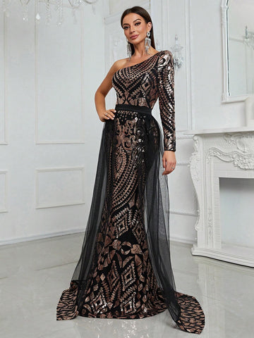 Giffniseti Women's One Shoulder Sequin Patchwork Long Sleeve Mermaid Evening Dress With Train