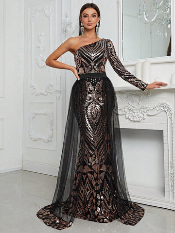 Giffniseti Women's One Shoulder Sequin Patchwork Long Sleeve Mermaid Evening Dress With Train