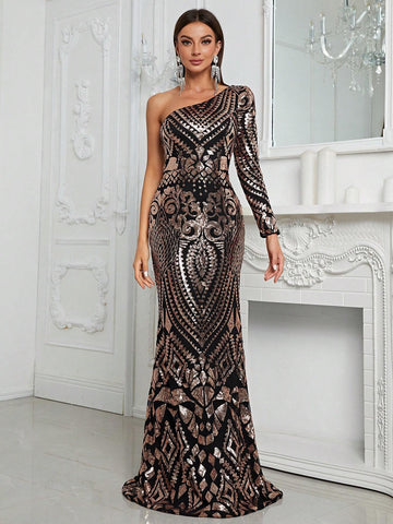 Giffniseti Women's One Shoulder Sequin Patchwork Long Sleeve Mermaid Evening Dress With Train