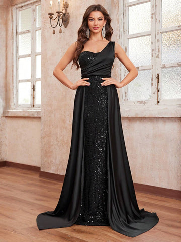 Giffniseti Women's Party Dress Sequined One Shoulder Sleeveless Satin Cape Evening Dress