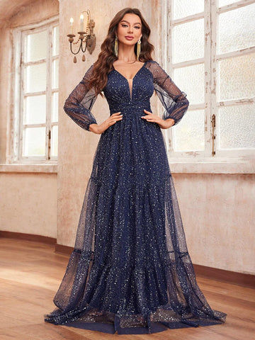 Giffniseti Women's Party Dress With Lantern Sleeves, Glitter, Mesh And Autumn Style