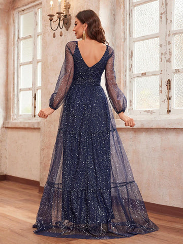 Giffniseti Women's Party Dress With Lantern Sleeves, Glitter, Mesh And Autumn Style